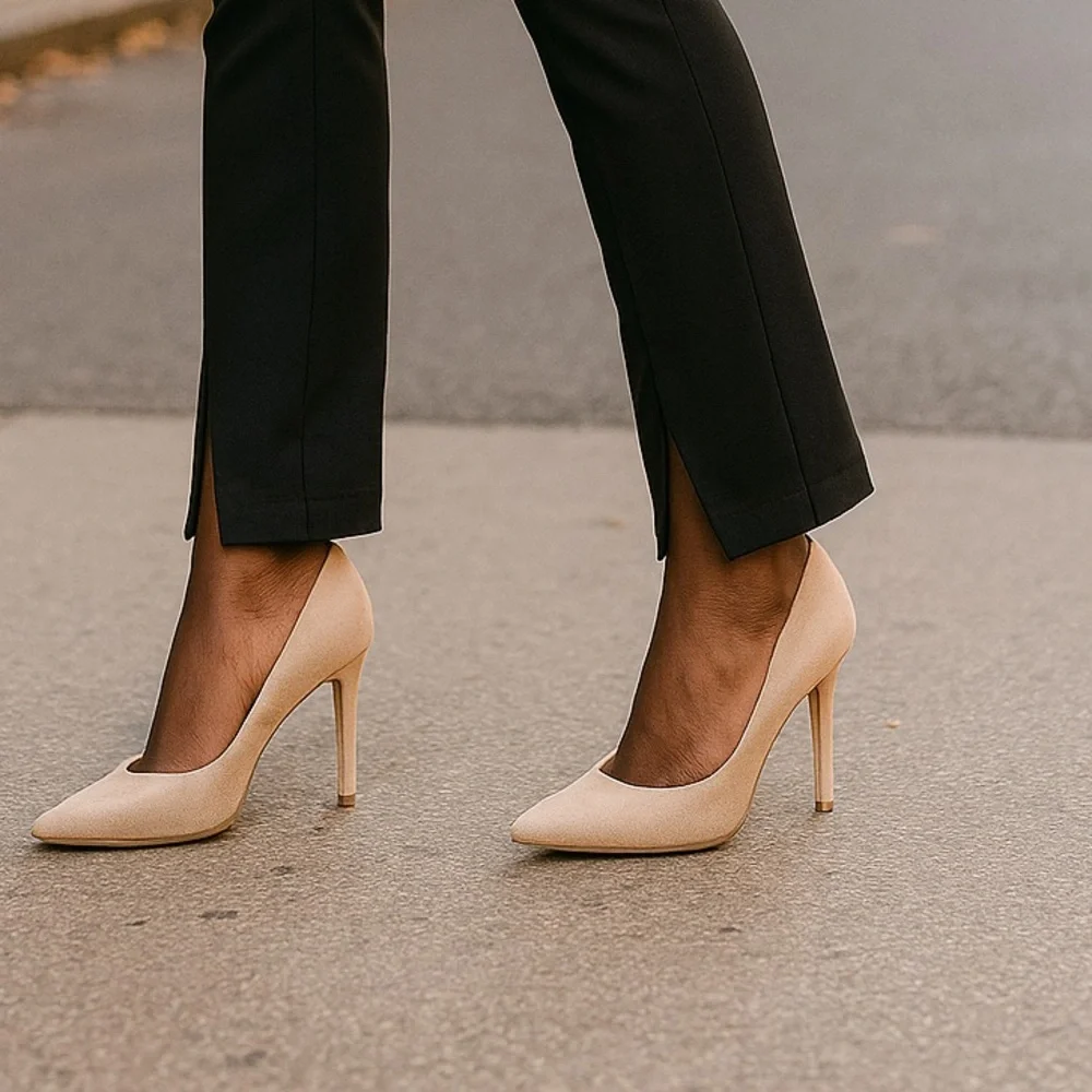 Oripalla Nude Suede Pointed Toe Stiletto Heels – Size 8.5